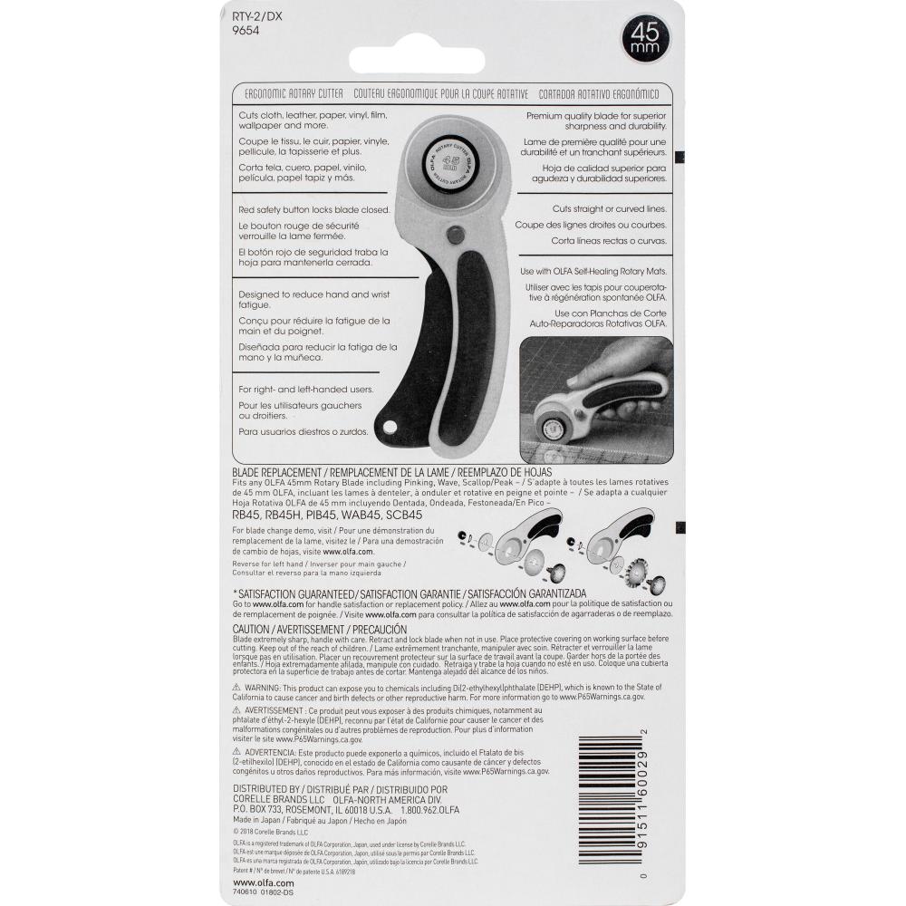 OLFA 45mm Ergonomic Rotary Cutter with Self Retracting Blade Made in Japan