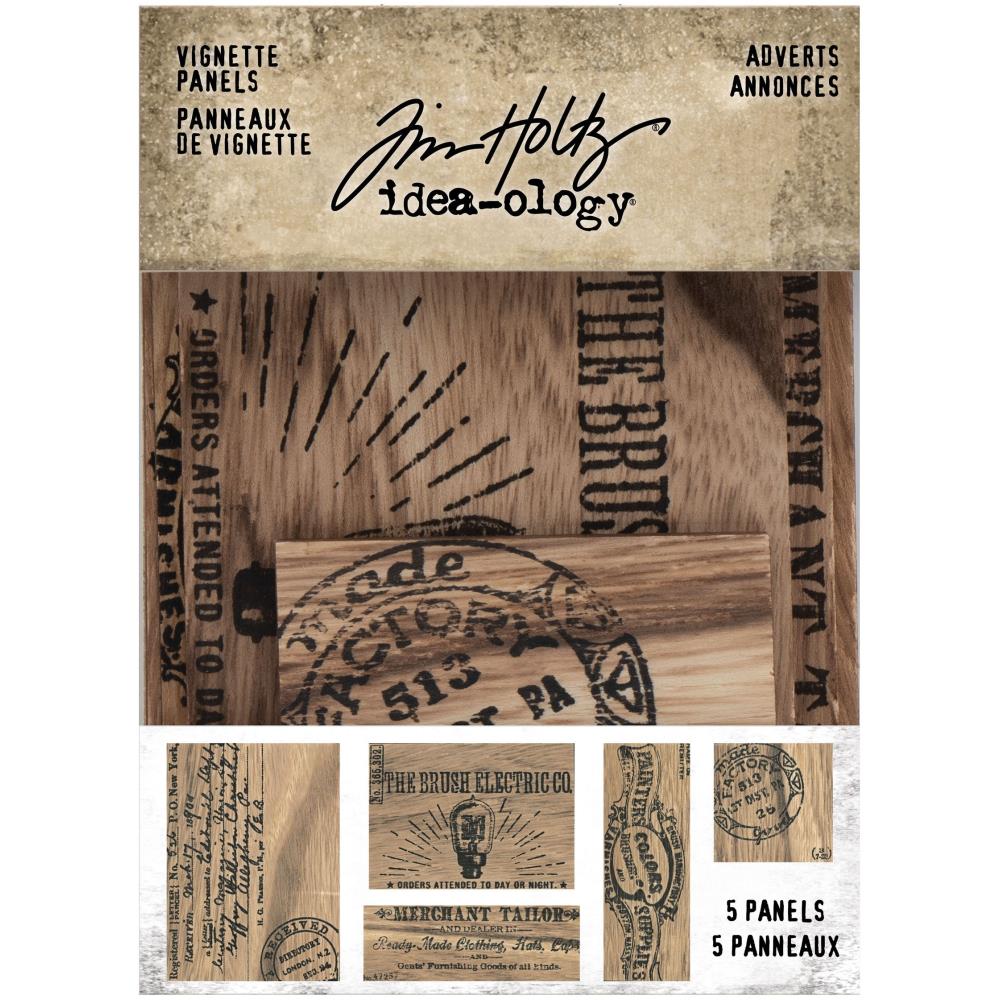 Tim Holtz idea-ology Vignette Panels Adverts 5pc Wood Project Embellishments