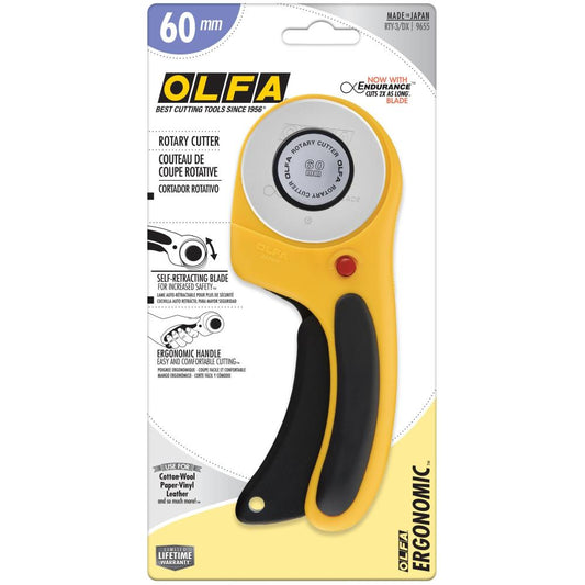 OLFA 60mm Ergonomic Rotary Cutter with Self Retracting Blade Made in Japan